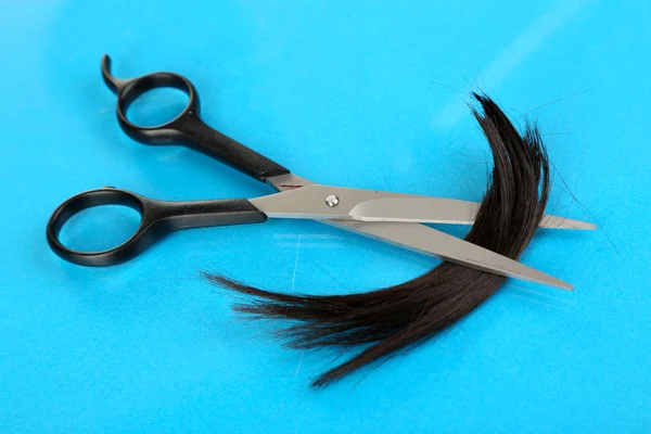 Morceaux de cheveux coupés avec des ciseaux sur fond bleu — Photo