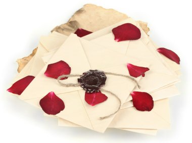 Eski harfler ile kurutulmuş gül yaprakları üzerinde beyaz izole kazık