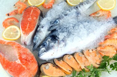 buz üstünde taze deniz ürünleri