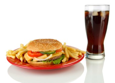 Tasty cheeseburger with fried potatoes and cold drink, isolated on white clipart