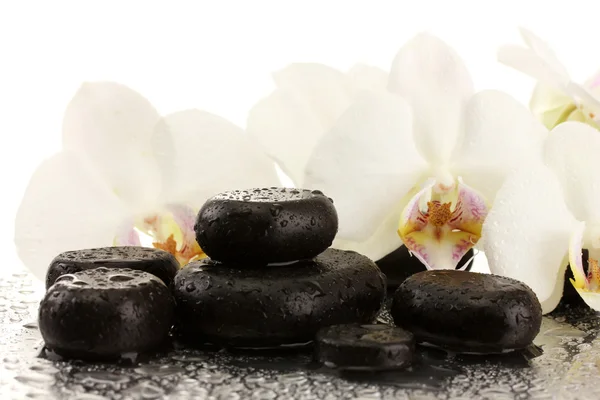 Pietre termali e fiori di orchidea, isolati su bianco — Foto Stock