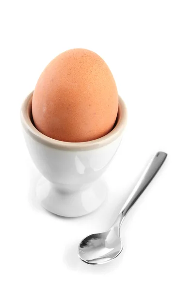 Whole boiled egg in egg cup, isolated on white — Stock Photo, Image