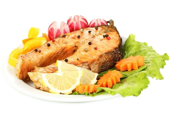 Appetizing grilled salmon with lemon and vegetables isolated on white — Stock Photo, Image