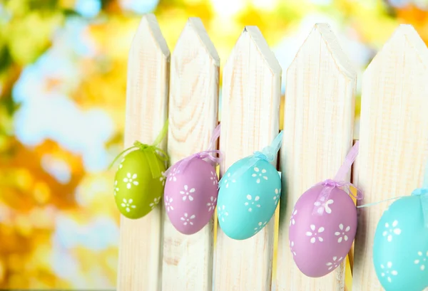 Art Easter background with eggs hanging on fence — Stock Photo, Image