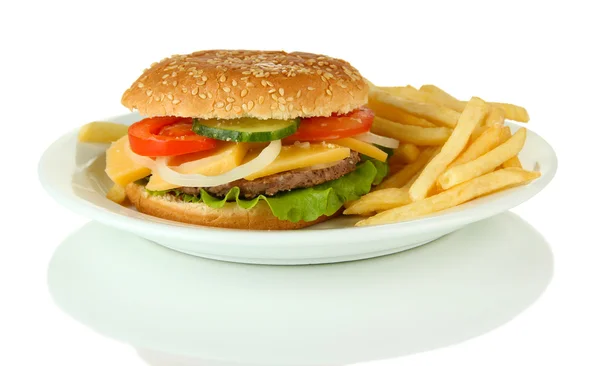 Tasty cheeseburger with fried potatoes, isolated on white — Stock Photo, Image