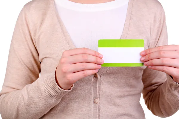 Nametag em branco na roupa da menina fechar — Fotografia de Stock