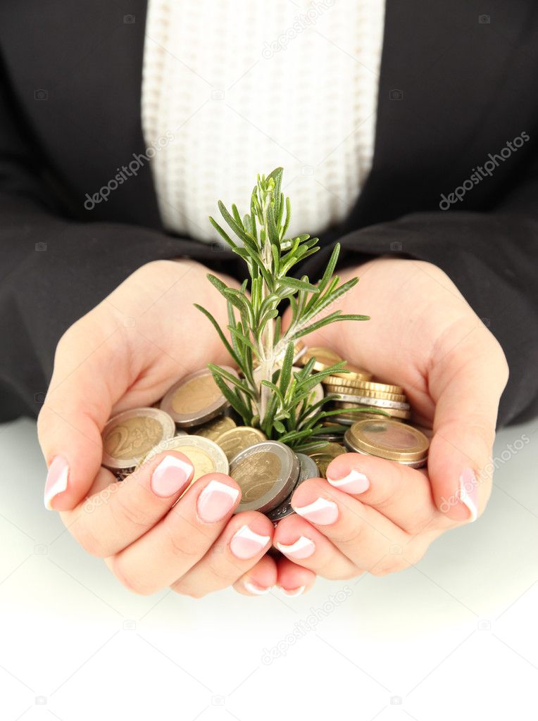 Woman hands with green plant and coins isolated on white