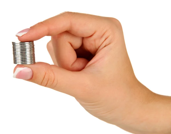 Manos de mujer con monedas aisladas en blanco — Foto de Stock