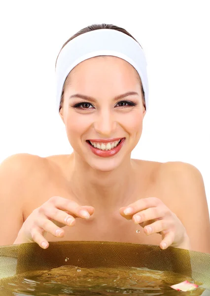 Young woman washing her face. Conceptual photo: make-up remover — Stock Photo, Image