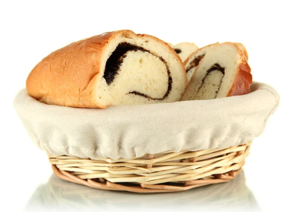 Loaf with poppy seeds in wicker basket, isolated on white — Stock Photo, Image