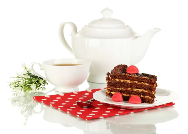 Teapot, cup of tea and delicious cake isolated on white — Stock Photo, Image