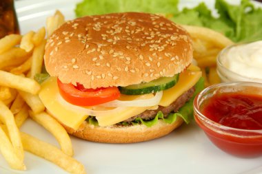 parlak zemin üzerine kızarmış patates ile lezzetli peynirli burger