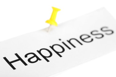 Bunun üzerine beyaz izole yazılı kelime mutluluk ile kağıt üzerinde itme