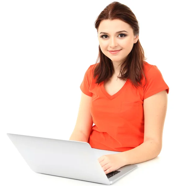 Beautiful young woman with laptop isolated on white — Stock Photo, Image