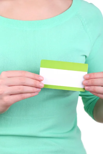 Nametag em branco na roupa da menina fechar — Fotografia de Stock