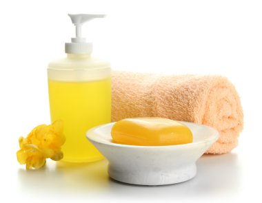 şişe Sabunluk ile üzerine beyaz izole havlu ve sabun