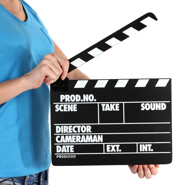电影生产拍板板在手上白色隔离 — 图库照片
