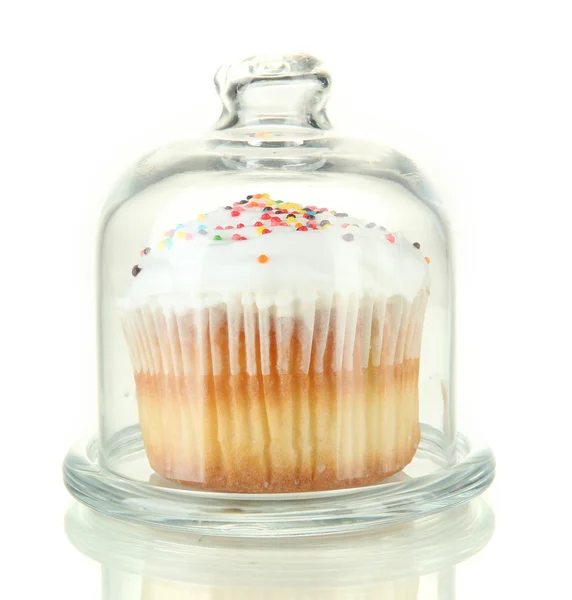 Cupcake on glass saucer, isolated on white — Stock Photo, Image