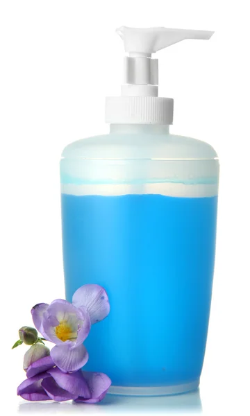 Bottiglia con sapone liquido isolato su bianco — Foto Stock