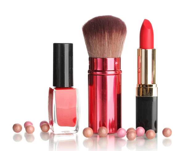 Beautiful red lipstick, nail polish and brush isolated on white — Stock Photo, Image