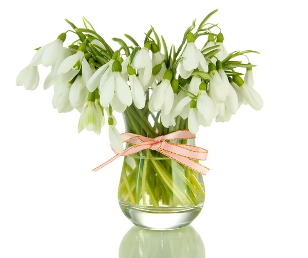 Ramillete de flores de gota de nieve en jarrón de vidrio, aislado en blanco —  Fotos de Stock