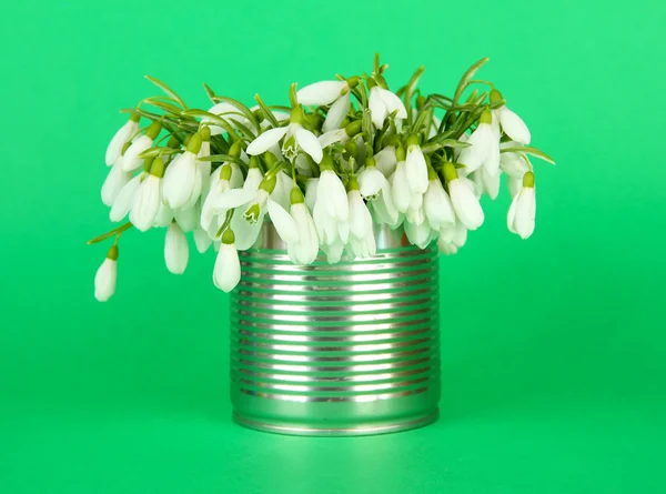 Bouquet of snowdrop flowers in metal can,on color background — Stock Photo, Image