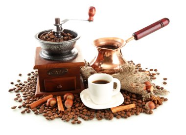 Cup and pot of coffee and coffee beans, isolated on white clipart