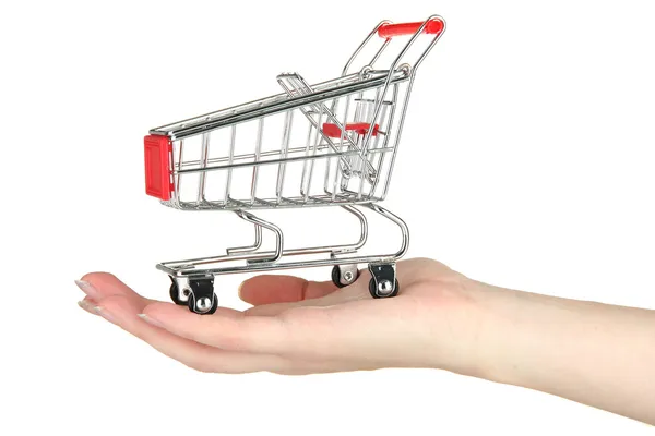 Empty shopping trolley on woman hand, isolated on white — Stock Photo, Image