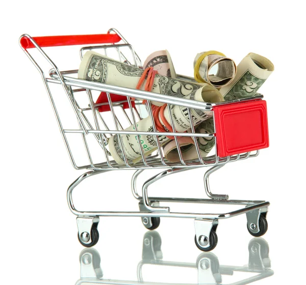 Shopping trolley with dollars, isolated on white — Stock Photo, Image