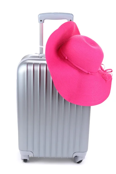 Silver suitcase with woman's hat isolated on white — Stock Photo, Image