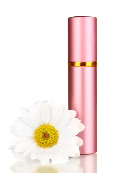 Damenparfüm in schöner Flasche mit Blume isoliert auf Weiß — Stockfoto