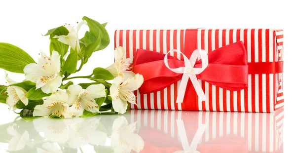 Coffret cadeau et fleurs isolées sur blanc — Photo