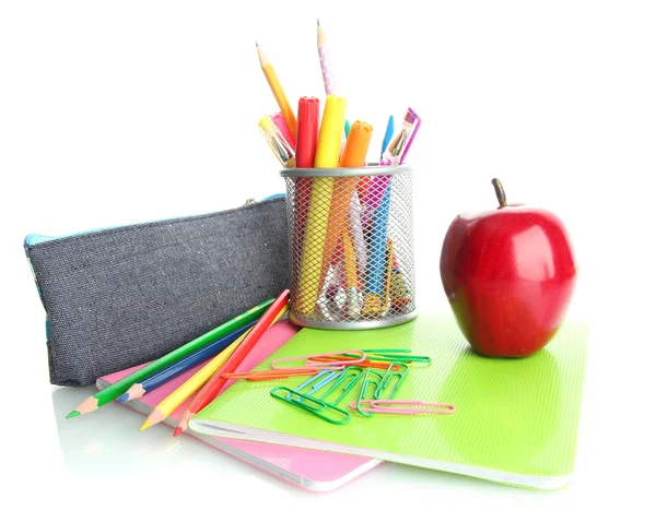 Pencil box with school equipment and apple isolated on white — Stock Photo, Image