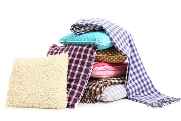 Hill colorful pillows and plaids isolated on white — Stock Photo, Image