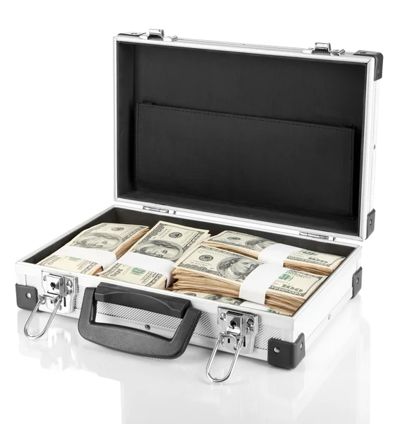 与白色上孤立的 100 美元钞票的手提箱 — 图库照片