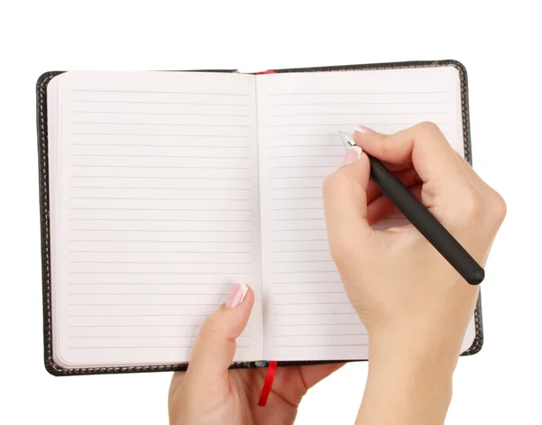 Escribir a mano en cuaderno, aislado en blanco — Foto de Stock