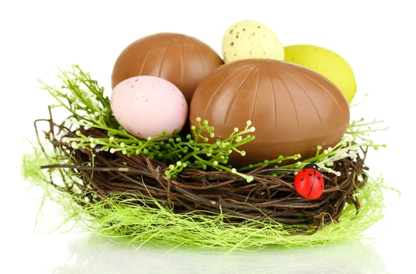 Состав пасхальных и шоколадных яиц в гнезде изолированы на белом — стоковое фото