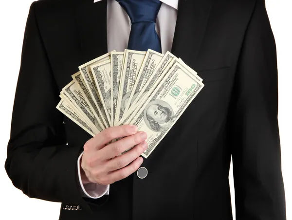 Business man holds lot of money isolated on white — Stock Photo, Image