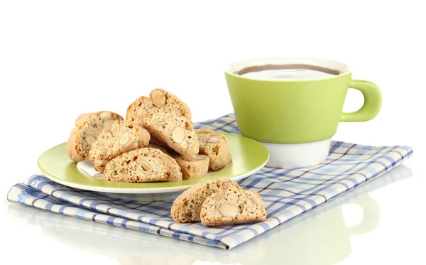 Aromatische cookies cantuccini en kopje koffie op witte geïsoleerd — Stockfoto