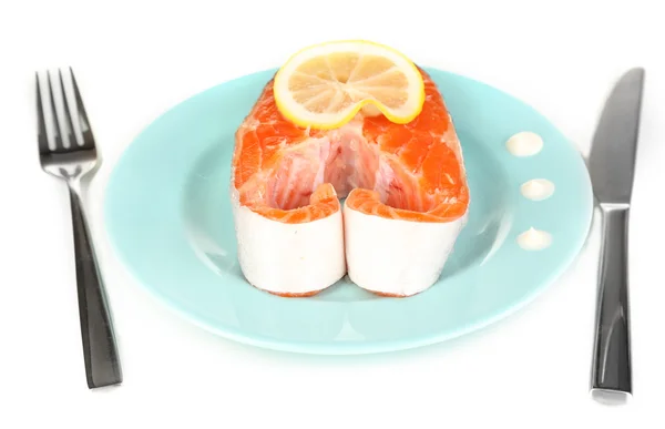 Kawałek czerwona ryba na talerzu z przyprawami i sosem na białym tle — Zdjęcie stockowe
