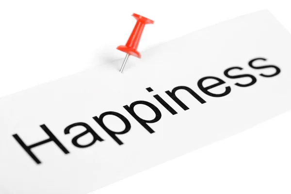 Push pin on paper with word happiness written on it isolated on white — Stock Photo, Image