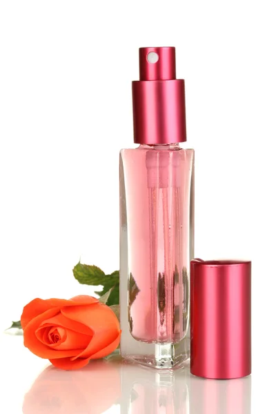 Perfume feminino em garrafa bonita com rosa isolada em branco — Fotografia de Stock