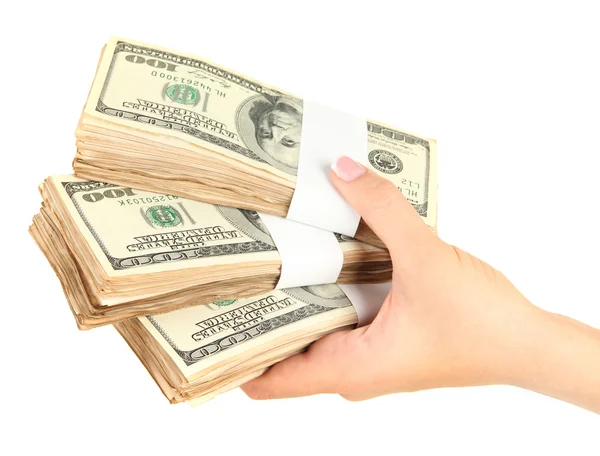 Female hand with dollars, close up, isolated on white — Stock Photo, Image