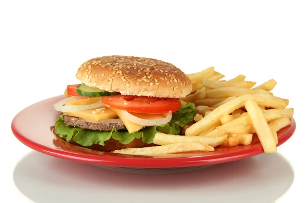 Gustoso cheeseburger con patate fritte, isolato su bianco — Foto Stock