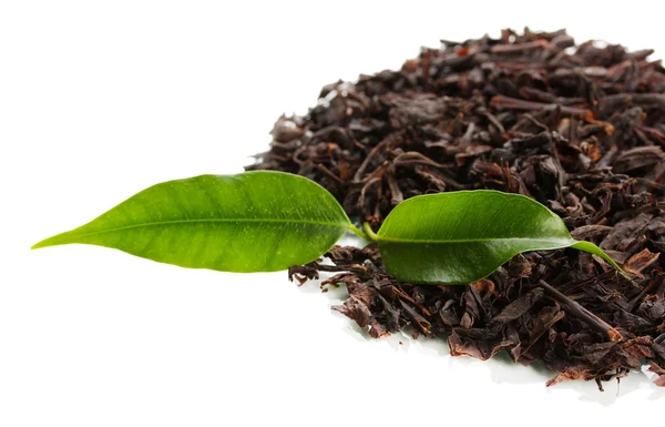 Té negro seco con hojas verdes, aislado sobre blanco — Foto de Stock