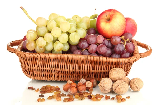 Grape in basket with nuts isolated on white — Stock Photo, Image