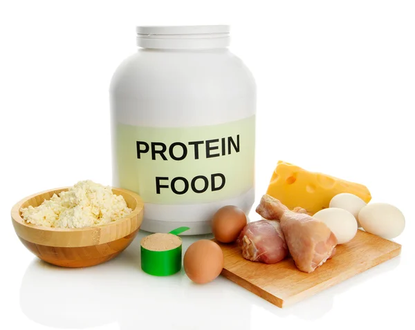 Frasco de proteína em pó e alimentos com proteína, isolado em branco — Fotografia de Stock