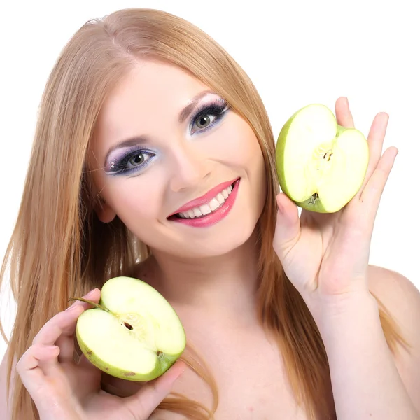 Mulher bonita com glamour compõem e maçã, isolado em branco — Fotografia de Stock