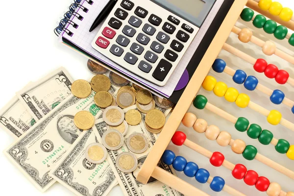 Bright wooden abacus and calculator. Conceptual photo of old and modern business — Stock Photo, Image