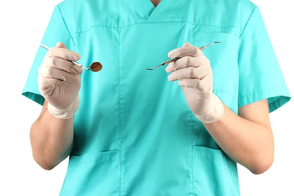 Médico com instrumentos médicos, isolado em branco — Fotografia de Stock